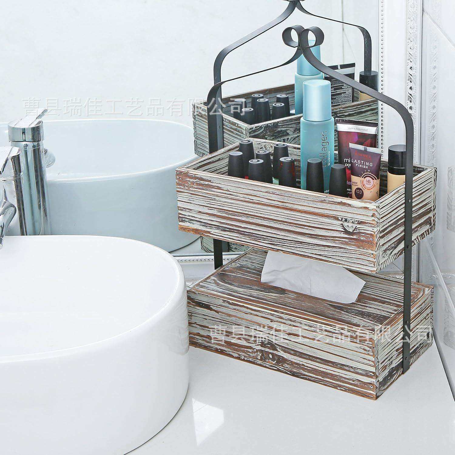 木质双层纸巾盒浴室洗脸巾收纳盒展示架铁木结合储物架实木支架