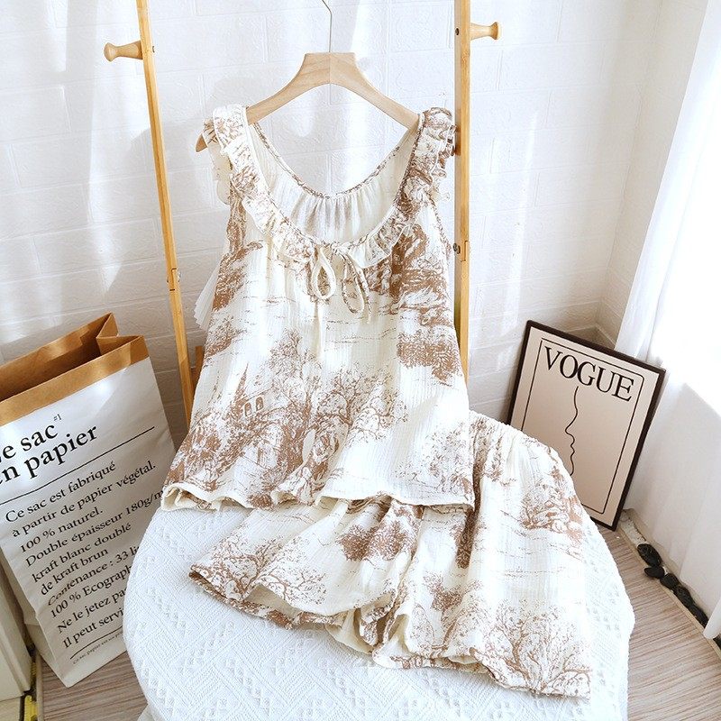 夏季睡衣纯棉纱布荷叶边吊带短裤双层透气外穿家居服套装透气亲肤,孕妇装/孕产妇用品/营养,家居服套装,淘宝优惠券,粉丝福利购,淘宝优惠卷