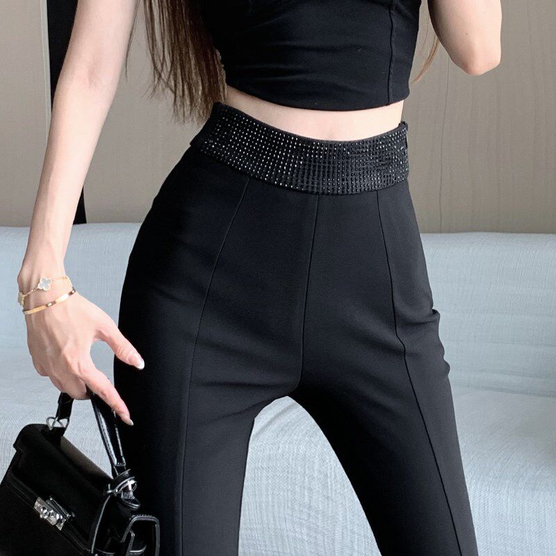 新品黑色开叉喇叭裤女春夏季w薄款高腰显瘦垂感西装微喇裤休闲拖