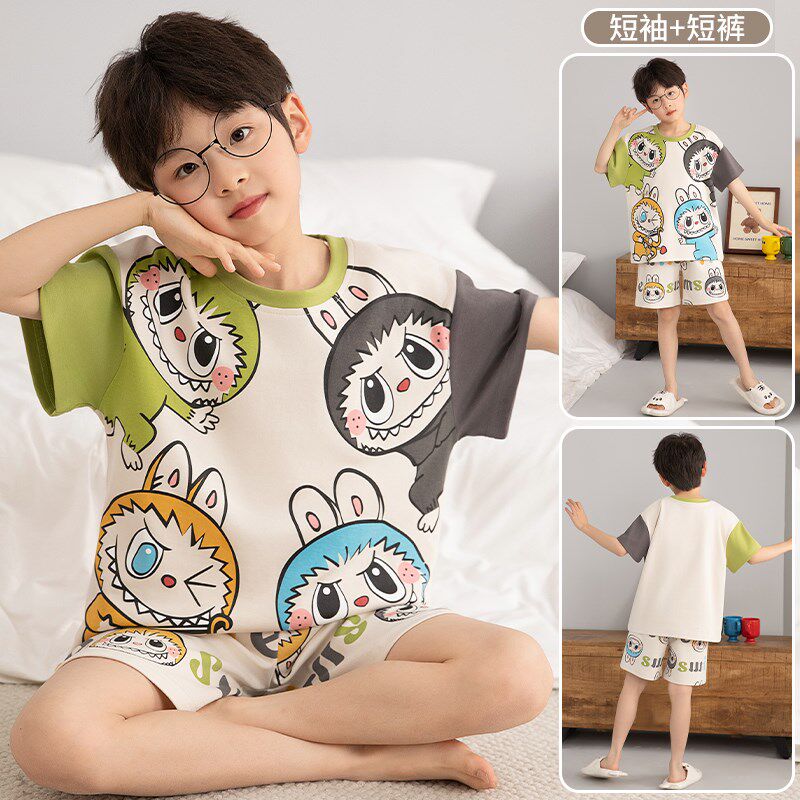 新品2025新款男童睡衣夏季纯棉短袖薄款套装P男孩中大童卡通儿童