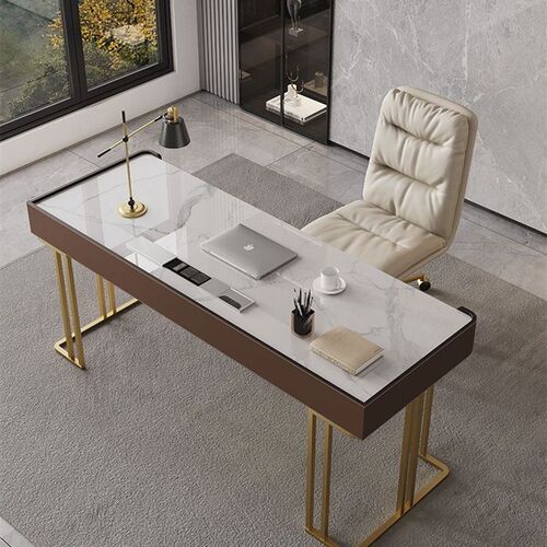 极速意式极简实木书桌家r用简约书房电脑桌轻奢岩板办公桌马鞍皮
