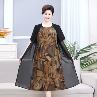 中老年女装 时S髦胖妈妈装 洋气短袖 夏装 假两 连衣裙加肥加大码 新品