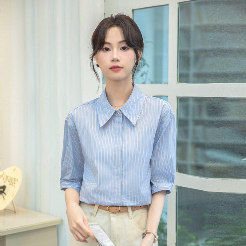 新品蓝色衬衫f女短袖夏季教资面试穿搭正装衬衣职场通勤西装裤职