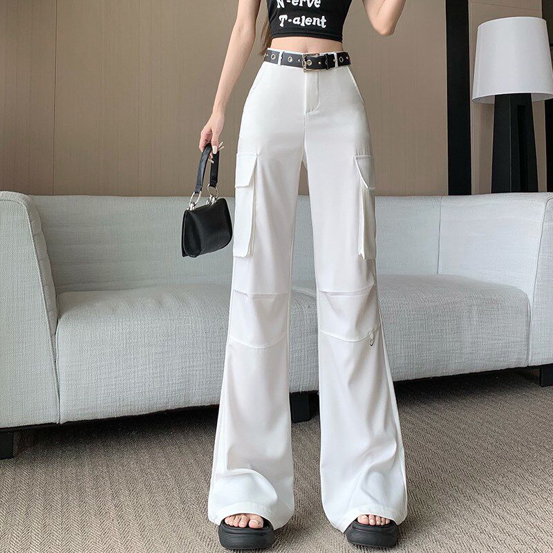 新品美式高街白色工装微喇裤女夏季薄款高腰休闲裤U设计感多口袋