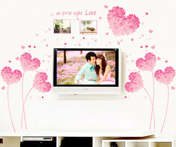 新品爱心花球墙贴纸客厅s电视背景墙面贴画少女心房间布置卧室床