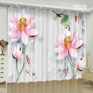 唯美禅意荷花装 现代新中式 饰遮光窗帘卧室客厅阳飘窗轻奢窗纱帘