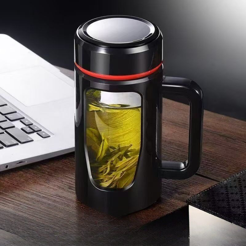大号黑色把手玻璃杯办公杯喝水杯男大容量泡茶杯带盖杯子