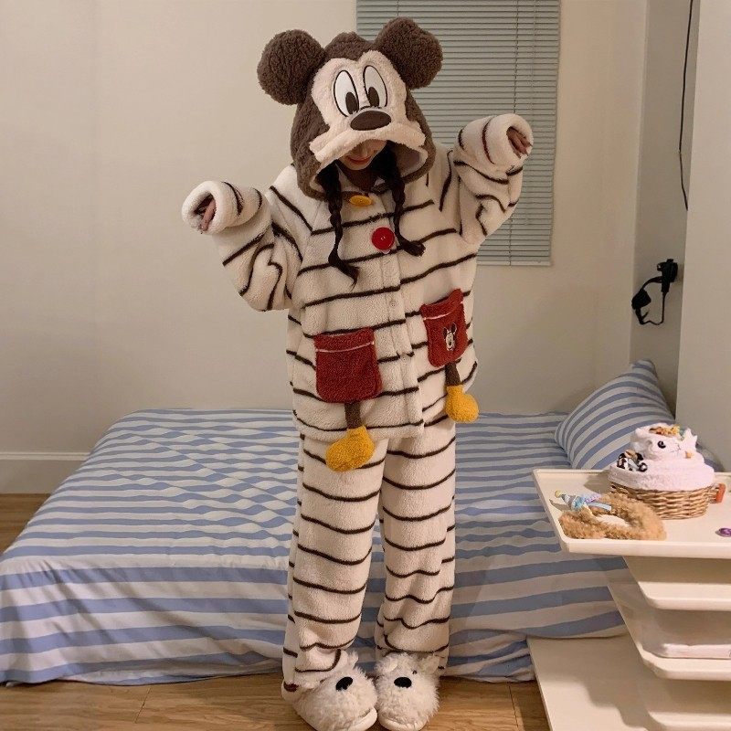 日本MDCW米奇儿童睡衣2025新款秋冬季男女孩珊瑚绒加厚家居服套装