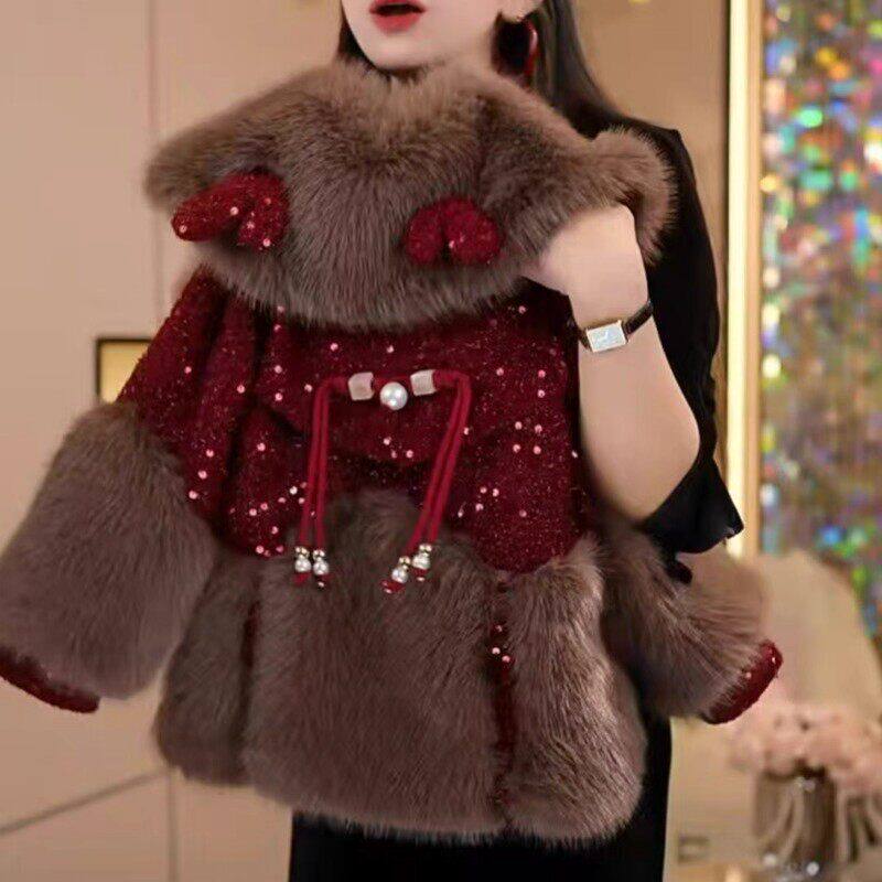 英国DHWA女童拜年服大童本命年衣服儿童冬季新年皮草加厚棉衣外套
