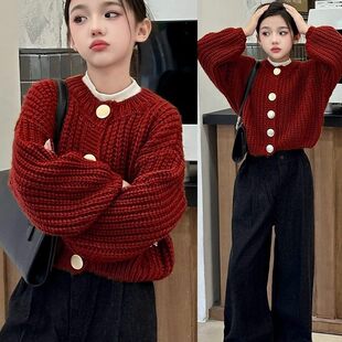 TTIT女童毛衣外套秋冬新款女大童红色针织儿童初中生春秋开衫上衣
