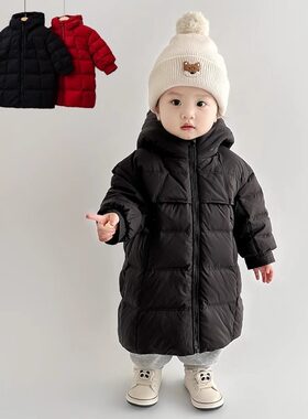 英国Next Red婴儿羽绒服保暖加厚外套白鸭绒连帽冬装中长款外出服