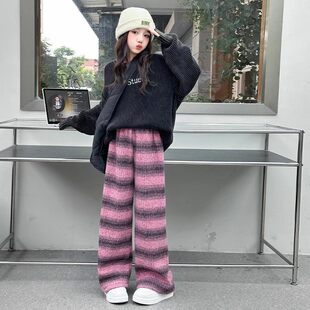 TTIT女童裤子加绒阔腿裤秋冬大童条纹长裤时髦洋气彩虹儿童加绒裤