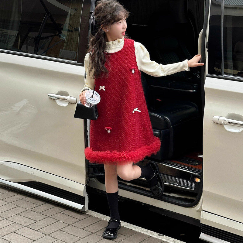 法国Uamtor女童富家千金连衣裙春秋2026新款红色背心裙套装新年服