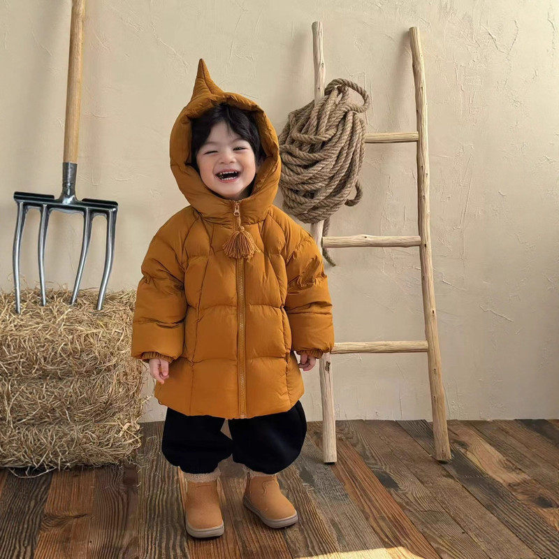 英国DHWA男童羽绒服外套中长款冬装小婴儿童厚女宝宝90白鸭绒防寒