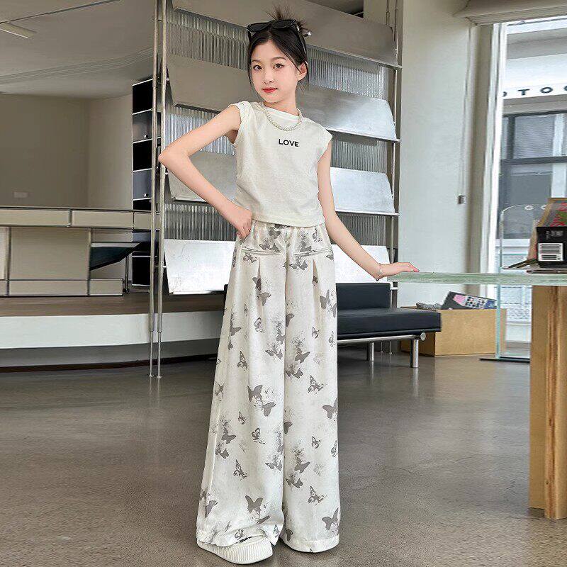 韩国Uamtor女童短袖套装夏季洋气时尚中大童阔腿裤夏日设计感穿搭