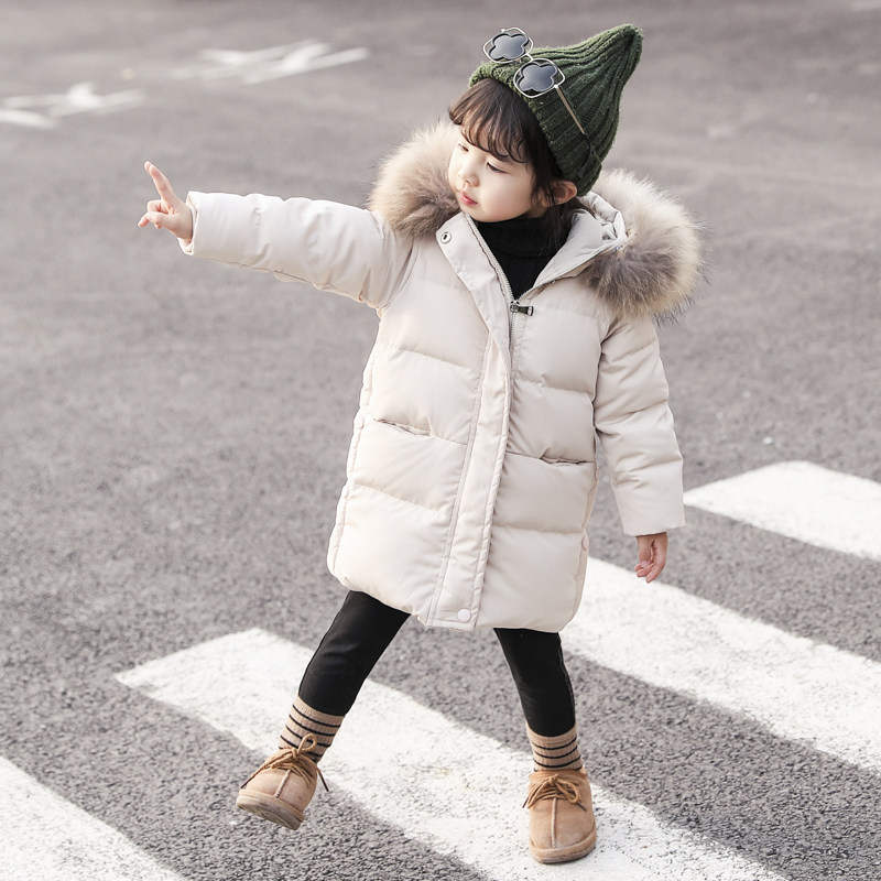 英国DHWA宝宝羽绒服儿童中长款冬装新款女童修身白鸭绒棉衣外套