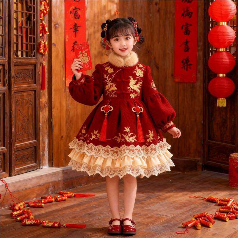 英国DGKP女童连衣裙2026新款加绒拜年服儿童中式喜庆洛丽塔公主裙