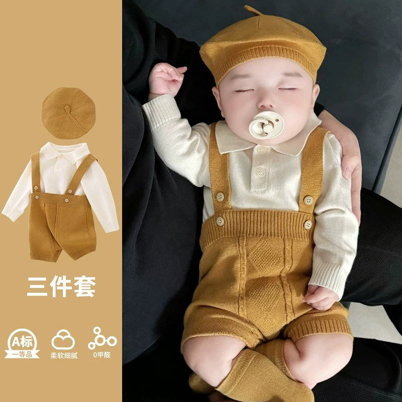 英国DHWA宝宝毛衣连体衣春秋新款婴幼儿针织三件套装小月龄易穿脱
