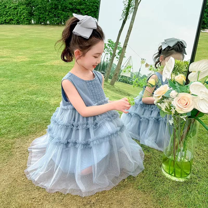 英国DHWA女童连衣裙夏季儿童公主裙洋气牛仔背心裙子宝宝夏装纱裙
