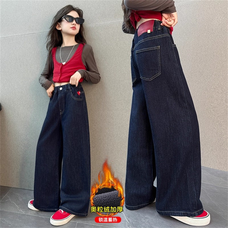 韩国Uamtor女童牛仔裤秋冬款加绒加厚大童阔腿裤宽松女孩直筒裤子