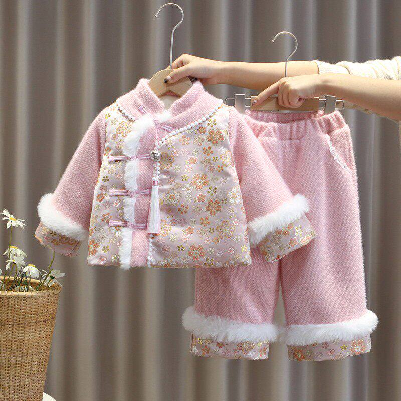 英国DHWA女童拜年服唐装套装宝宝周岁礼服加绒加厚过年服冬