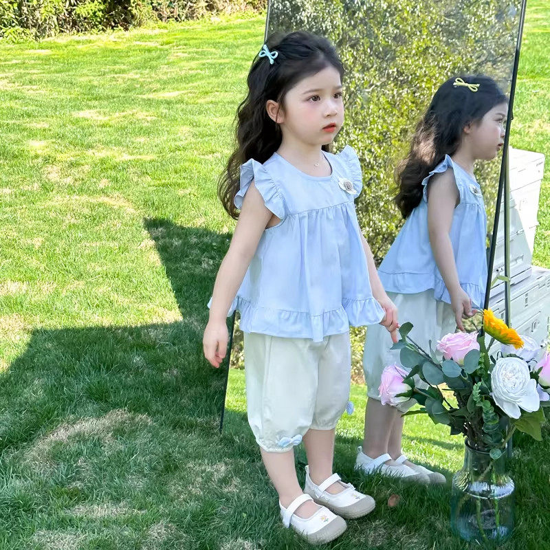 英国DHWA女童夏装飞袖套装儿童七分裤可爱两件套宝宝夏季纯棉衣服