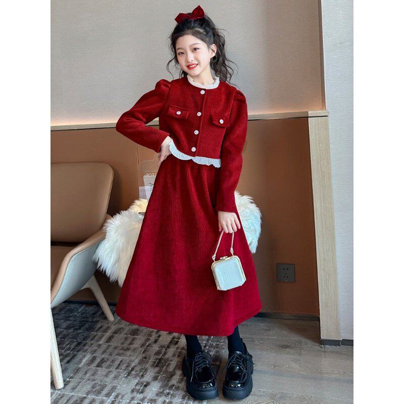 TTIT女童红色喜庆连衣裙新款冬季大童加绒加厚小香风外套年服套装