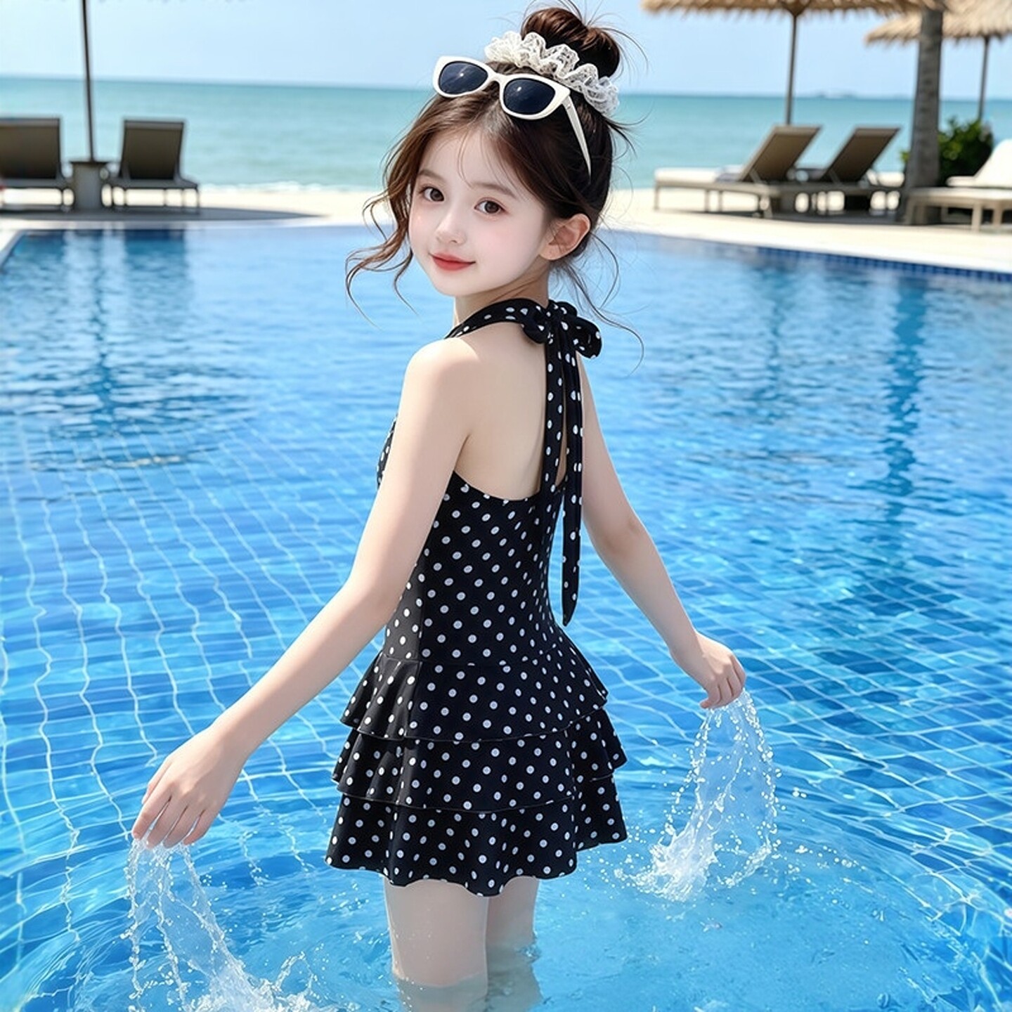 法国BADNUT女童连体泳衣夏季2026新款公主温柔中大童波点挂脖泳装