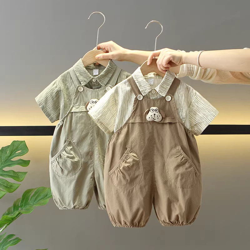 英国DHWA男童夏装套装儿童洋气酷帅衬衣背带裤宝宝夏季韩版两件套