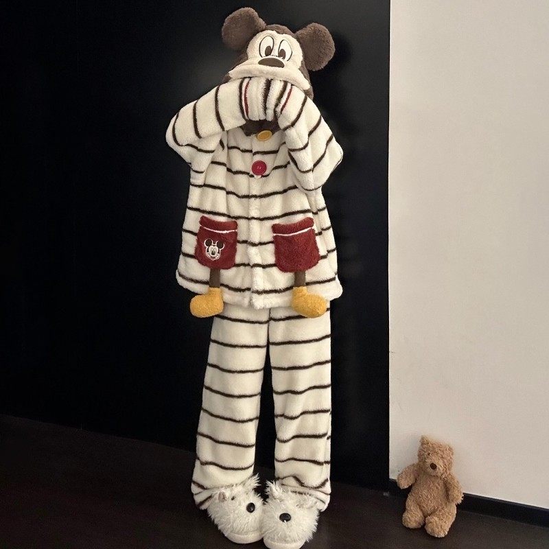 日本MDCW米奇儿童睡衣男女孩2025新款秋冬季珊瑚绒加厚家居服套装