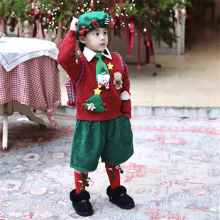 法国Uamtor男童圣诞套装卡通红色新年针织衫2025冬季新款圆领毛衣