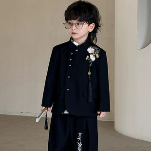 TTIT男童新中新款国风儿童帅气黑色西服两件套帅气儿童中式立领男