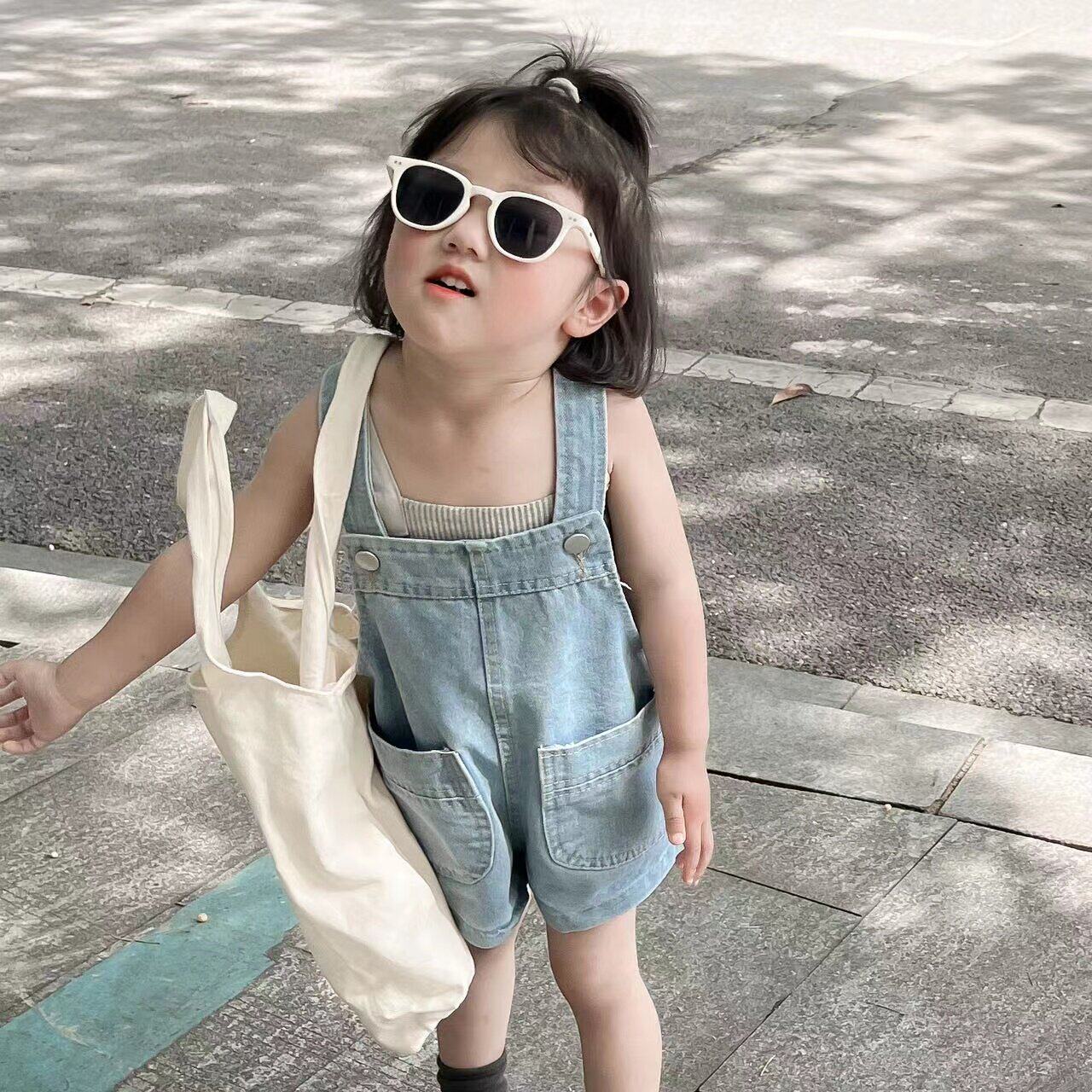 英国DHWA女童牛仔背带短裤夏季童装宽松短裤男童宝宝休闲背心上衣