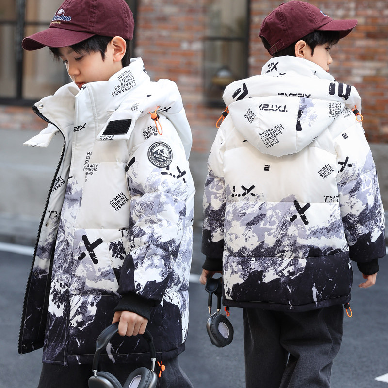 英国DHWA儿童羽绒服男童冬季新款洋气中大童连帽加厚中长款外套