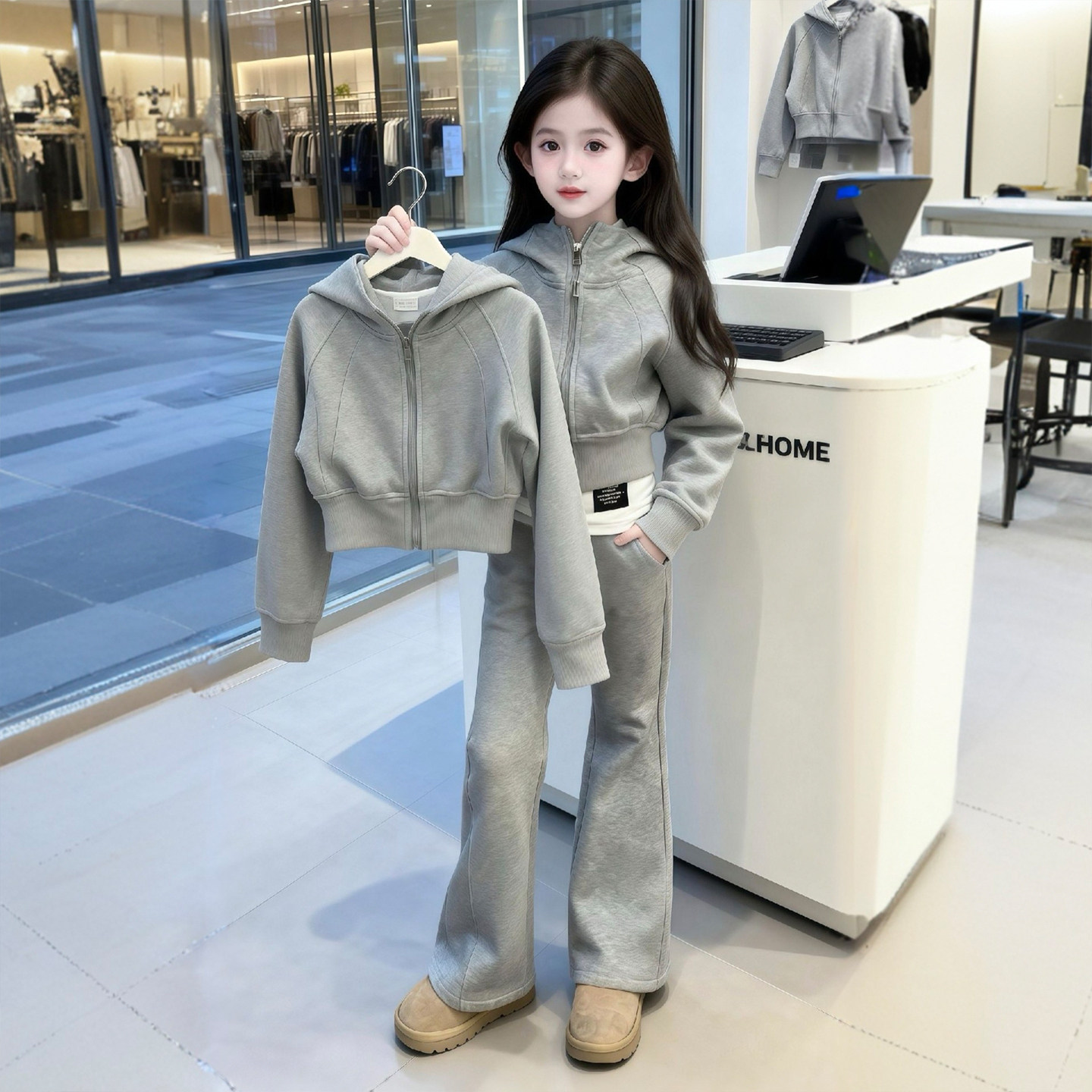 法国BERYDIA女童休闲运动套装2026春秋新洋气连帽外套裤子三件套
