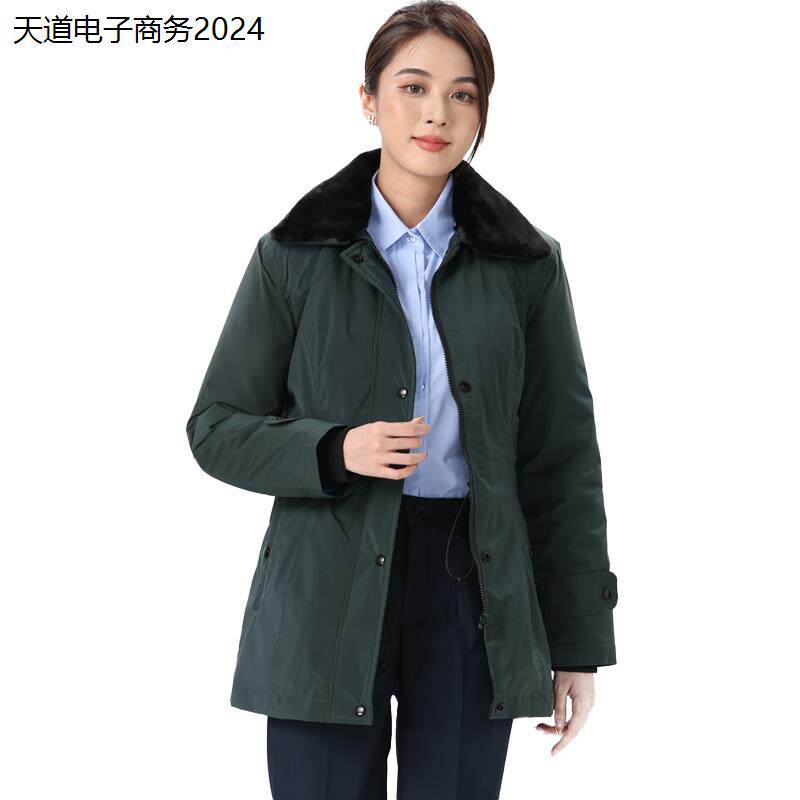 新款邮政储蓄工作服女士冬季棉服墨绿色修身中长款加厚棉衣