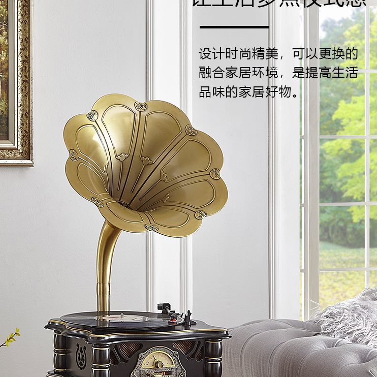 高档老式实木欧式留声机美式客厅轻奢摆件黑胶唱片机仿古复古蓝牙