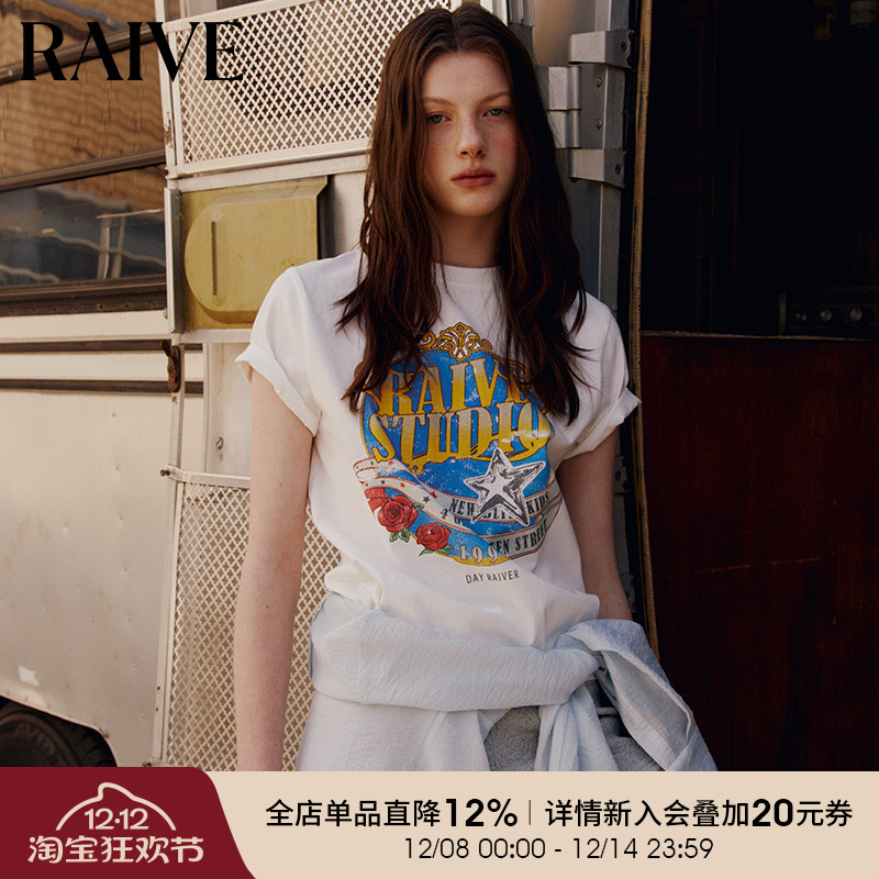 RAIVE撞色印花玫瑰花卉宽松T恤