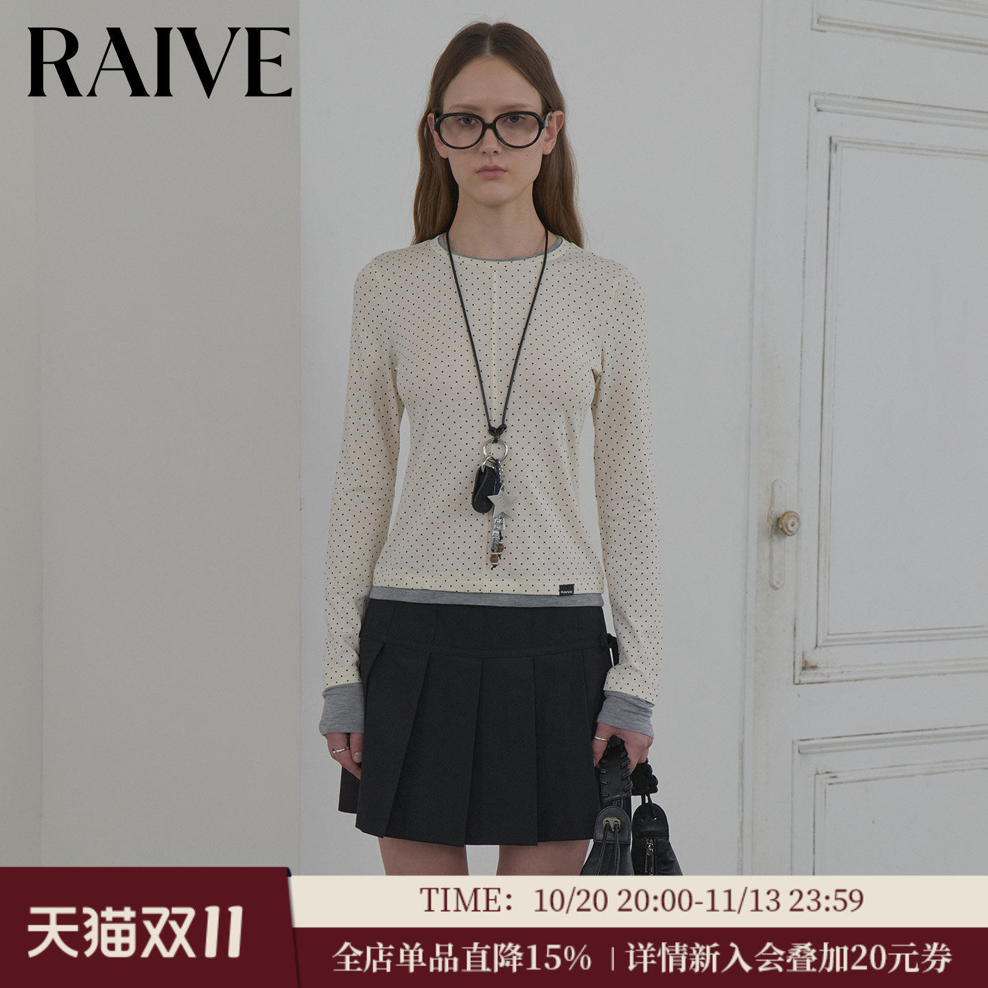 RAIVE女上衣韩系秋季复古学院波点假两件撞色通勤内搭圆领长袖T恤