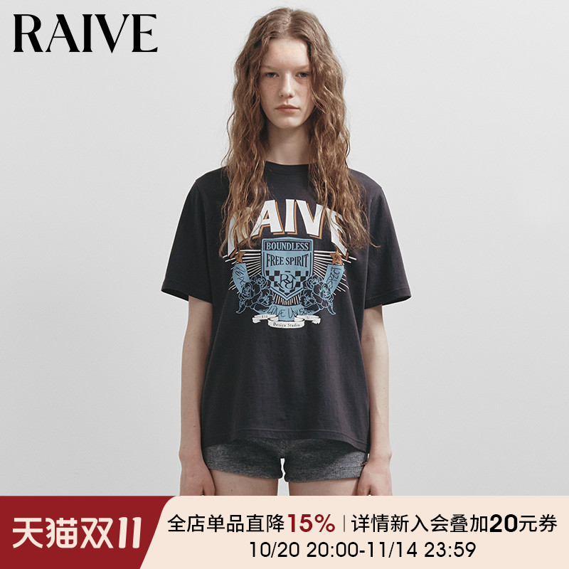 RAIVE印花撞色韩系多色宽松T恤