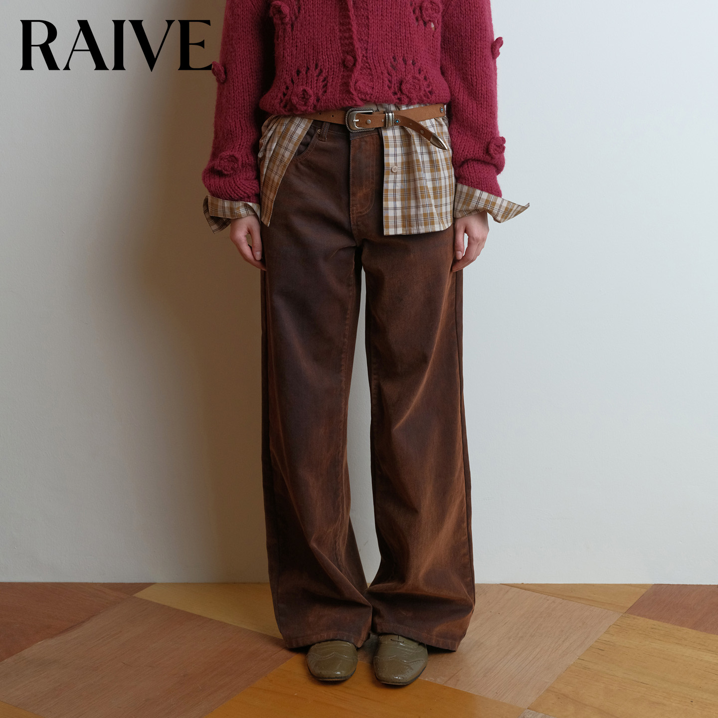 RAIVE2025冬季新款女宽松直筒棕色光泽感脏脏裤显瘦长裤牛仔裤