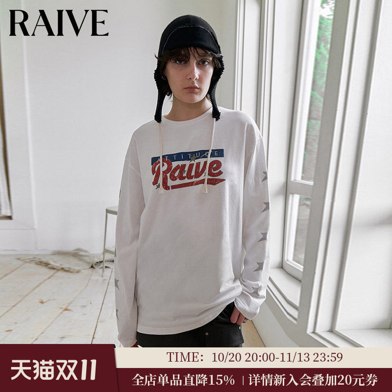 [明星同款]RAIVE秋季宽松logo星星印花复古内搭外穿长袖T恤