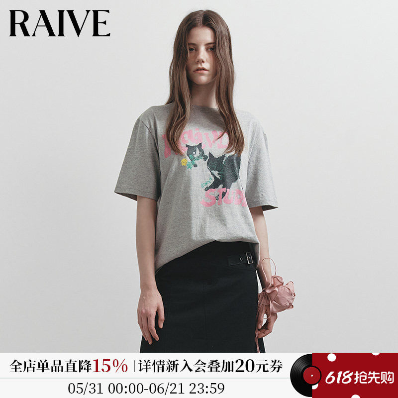RAIVE2026夏季流行女短袖猫咪印花宽松落肩版型领口罗纹韩版T恤