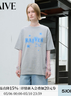 RAIVE2026新款夏季女宽松落肩oversize字母星星印花韩系短袖T恤