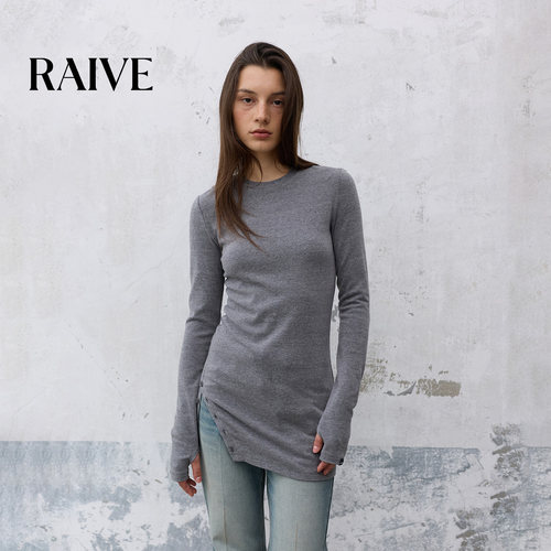 RAIVE韩系下摆纽扣纯色长袖T恤