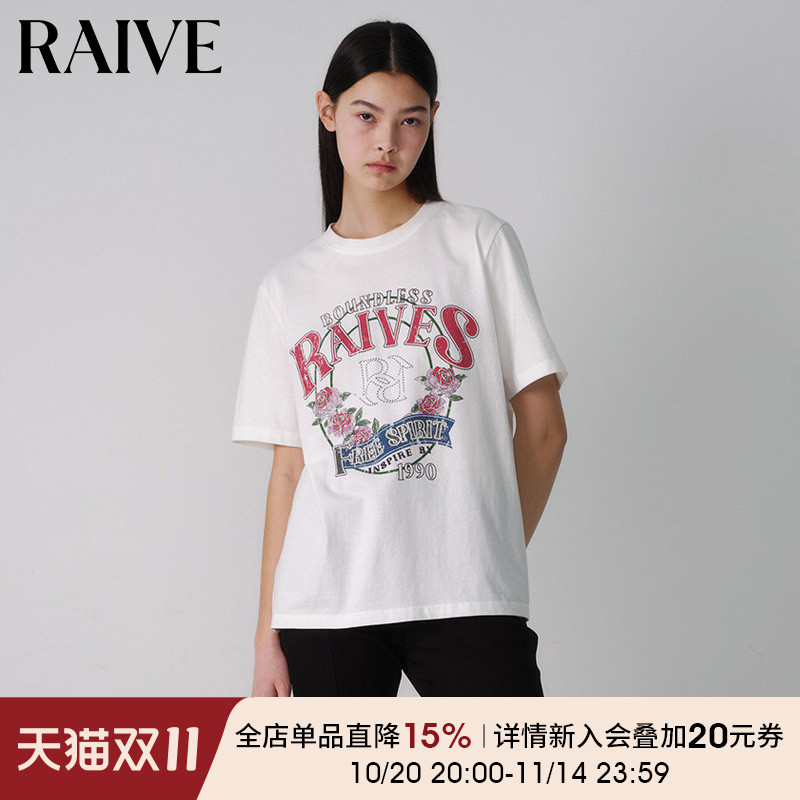 RAIVE宽松玫瑰印花复古T恤