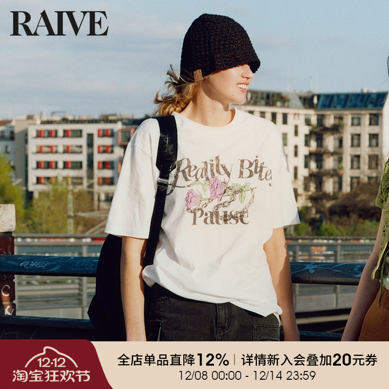 RAIVE玫瑰印花复古宽松T恤短袖