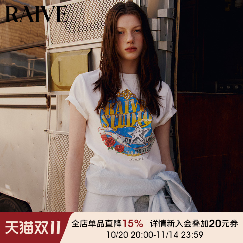 RAIVE撞色印花玫瑰花卉宽松T恤