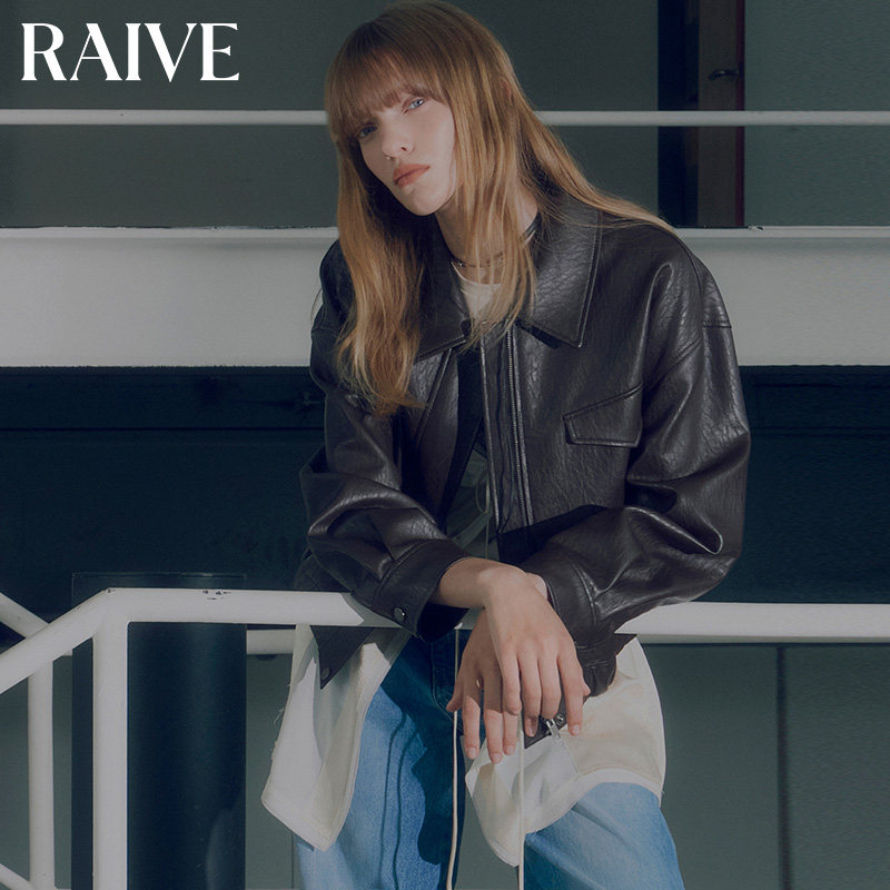 [明星同款]RAIVE秋季复古宽松黑色夹克翻领外套莫妮卡素皮衣