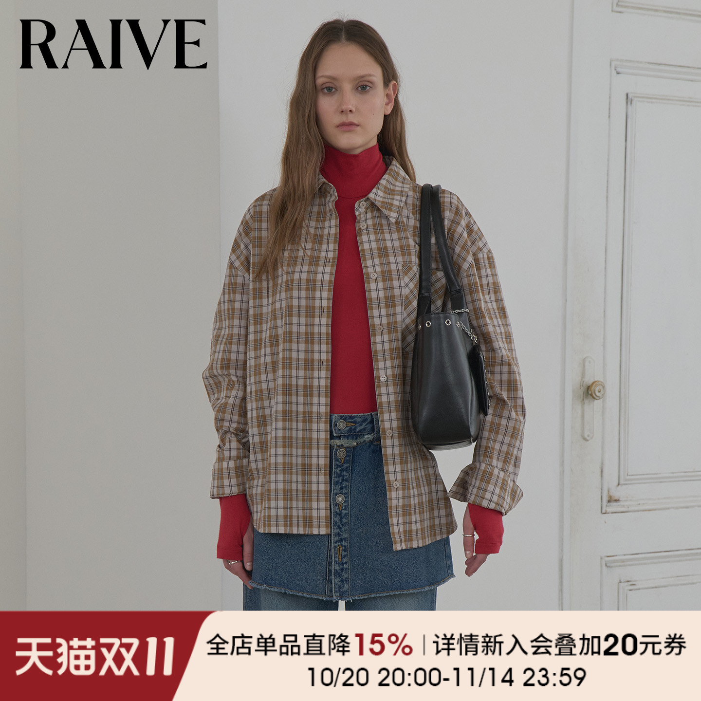 RAIVE格纹宽松口袋长袖衬衫